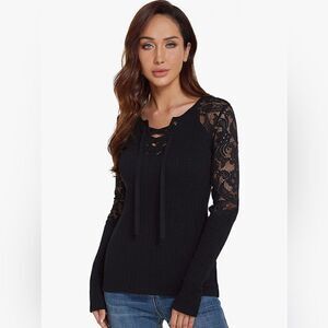 AmélieBoutik Women Floral Lace Inset Lace Up Ribbed Long Sleeve Knit Top
